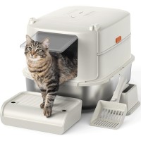 2-in-1 Stainless Steel Cat Litter Box with Lid, Extra Large Enclosed Cat Toilet with Charcoal Filter, Anti-Leak, Non-Stick, Easy to Clean, Odor Control for Big, Old, or Multiple Cats
