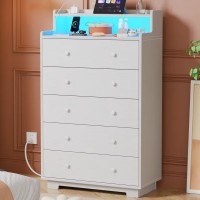 5-Drawer Dresser with RGB LED Light Shelf  Modern Bedroom Chest of Drawers with Deep Storage, Phone/Tablet Charging Space, Anti-Tip Safety White Wood Cabinet for Kids & Adults, 31" Wide