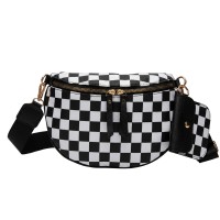 Checkered Crossbody Bag for Women, Black White Crescent Shoulder Purse with Wide Adjustable Strap, Zipper Closure, Mini Pouch, Daily Travel Fashion Bag Model 296-1