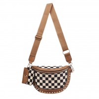 Checkered Crossbody Bag for Women, Crescent Plaid Shoulder Purse with Adjustable Strap, Zipper Closure, Mini Card Pouch, Studded Fashion Bag for Daily Travel Model 389-P