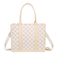 Checkered Tote Bag for Women, Beige Plaid Crossbody Handbag with Top Handles, Adjustable Shoulder Strap, Large Capacity Vegan Leather Purse for Work, Travel, Daily Use Model  458