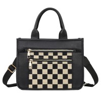  Checkered Crossbody Tote Bag for Women, Large Capacity Plaid Shoulder Handbag with Adjustable Strap, Zipper Pockets, Top Handles, Black/Brown Daily Travel Purse Model D-P