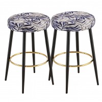 2-Piece Bar Stool Set, 25.5" & 29" Counter Height Bar Chairs with Blue Leaf Pattern Fabric, Gold Footrest, Black Metal Legs – Modern Upholstered Stools for Kitchen Island, Dining Room, Home Bar