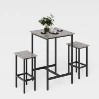 3-Piece Bar Table Set with 2 Bar Stools Space-Saving Pub Dining Set Metal Frame & Grey Wood Top Kitchen, Condo, Apartment, Home Bar