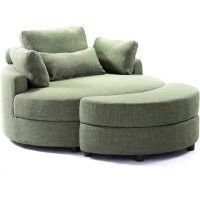 Oversized Round Barrel Chair with Storage Ottoman, 51.2" Swivel Lounge Chair with 4 Pillows, Modern Accent Sofa for Living Room/Bedroom, Comfy Upholstered Fabric Leisure Chair – Light Green/Dark Grey/Light Grey