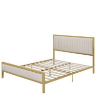 King Size Upholstered Bed Frame with Vertical Channel Tufted Headboard and Footboard, Modern Metal Platform Bed with Sturdy Slats, No Box Spring Needed, Beige Velvet Fabric – HFT-UP-03-K