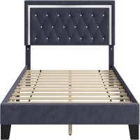 King Size Upholstered Bed Frame with Diamond Tufted Headboard, Velvet Platform Bed with Sturdy Wooden Slats, No Box Spring Needed – Dark Blue Model HOS-UP-020