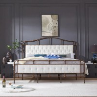 King Size Metal Bed Frame with Boucle Fabric Headboard, Wooden Slat Support, No Box Spring Needed (White) - W1708127642