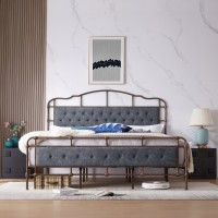 King Size Metal Bed Frame with Boucle Fabric Headboard, Wooden Slat Support, No Box Spring Needed (Dark Grey) - W1708127644