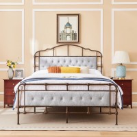 Queen Size Metal Bed Frame with Boucle Fabric Headboard, Wooden Slat Support, No Box Spring Needed (Grey) - B933-Q011