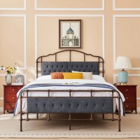 Queen Size Metal Bed Frame with Boucle Fabric Headboard, Wooden Slat Support, No Box Spring Needed (Dark Grey) - B933-Q017