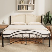Queen Bed Frame, Metal Platform, Rattan-Style Headboard