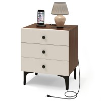 Nightstand with Charging Station, 3 Drawer Wood Bedside Table with Leather-Style Fronts |USB & Type-C + AC Outlet Modern Storage End Table for Bedroom Living Room