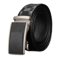 Men’s Ratchet Dress Belt, Top Grain Cowhide Leather Automatic Buckle Belt, Cut-to-Fit Adjustable 3.5 cm Width, Black Check Pattern, Business Casual Formal Waist Belt for Daily Wear Model DTG47