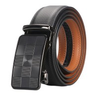 Men’s Ratchet Dress Belt, Adjustable Leather Belt with Plaid Auto-Lock Buckle, Trim-to-Fit Black Belt, 1.38 in Wide, Business Casual Formal Everyday Wear Model DX20