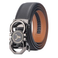 Men’s Ratchet Dress Belt with Automatic Buckle, Cut-to-Fit Adjustable Track Waist Belt, Black Textured Reversible Style with Deer Accent Buckle, Formal Business Casual Belt for Daily Wear Model DX38