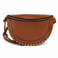 Studded Crescent Crossbody Bag for Women, Adjustable Shoulder Purse with Zip Top Closure, Brown Faux Leather Half Moon Handbag, 28 x 18 x 7 cm, Everyday Travel Shopping Bag Model 389