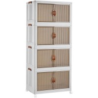 4-Tier Stackable Storage Cabinet with Transparent Doors, Modern Plastic Storage Organizer with Leather Handles & Wheels for Kitchen, Living Room, Bedroom – 60.5×38×136cm White Model 9016 