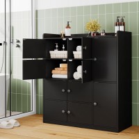Bathroom Storage Cabinet  Freestanding Floor Organizer with 8 Doors & Shelves Waterproof P2 MDF  Modern Black Storage Cupboard  Bathroom, Entryway, Living Room Storage