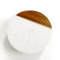 Marble and Wood Cake Stand, 9.75 Inch Round Dessert Display Pedestal, Marble-Look and Acacia Wood Serving Stand with Gold Inlay, Elegant Cake Stand for Parties, Fruit, Pastries and Décor