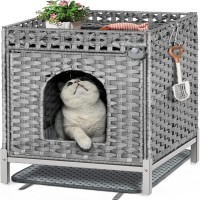 PE Rattan Cat Litter Box Enclosure with Ventilation Base, Hidden Litter Furniture and Cat House with Cushion Top, Indoor Cat Bed & Storage Model-RXKE03