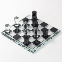 Luxury Glas  Chess Set – Modern Transparent & Black Cylinder Pieces with Glass Chessboard 27 x 27 cm Gift for birthday party, holiday