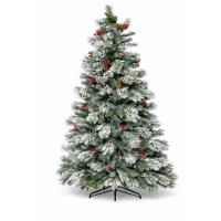  6.2FT Snow Flocked Artificial Christmas Tree PE & PVC Tips with Pinecones & Red Berries | Easy 3-Section Assembly, Metal Stand Indoor Holiday Home  Décor Model BG065T738