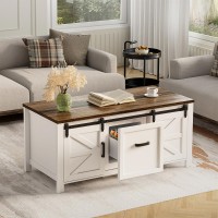 Coffee Table with Refrigerated Drawer Farmhouse Sliding Barn Door Storage Cabinet, Adjustable Shelves, 47.2" White & Brown Living Room Table