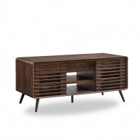 Lift Top Coffee Table, 48 Inch Mid Century Modern Coffee Table with Hidden Storage, Sliding Slatted Doors, Open Shelves, Rounded Edges, Wood Grain Finish for Living Room
