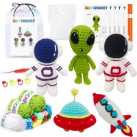 DIY Crochet Kit for Kids Space-Themed Beginner Crochet Set with Yarn, Hook, Needles, Stitch Markers, Stuffing, Instructions & Storage Bag Astronaut Alien Rocket UFO Craft Gift