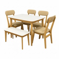 Modern 6-Piece Dining Table Set with Bench, White and Natural Wood Finish, Rubberwood Frame, Cushioned Chairs for Kitchen & Dining Room – YX7201NA2
