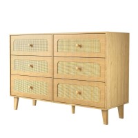 6 Drawer Dresser with Rattan Fronts Wide Wooden Storage Cabinet with Smooth Metal Slides & Anti-Tip Kit 110cm Modern Chest Bedroom, Living Room, TV Stand