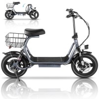 Adult Electric Scooter with Seat, 750W Motor, 14-Inch Pneumatic Tires, Front & Rear Disc Brakes, LCD Display, LED Headlight, Rear Basket, Folding Electric Scooter for Commuting, Gray and white Model HBCP1401