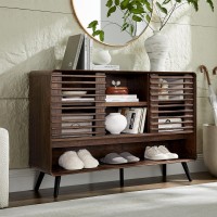 Mid Century Entryway Table with Sliding Slatted Doors 46" Console Cabinet, Adjustable Shelves, Open Shoe Storage, Rounded Corners, Tapered Legs Hallway, Living Room, Kitchen