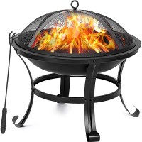 22" Round Fire Pit, Curved Iron Outdoor Wood Burning Fire Pit Patio Decoration with Spark Screen, Log Grate, Poker for Backyard Poolside - GORBR004BK