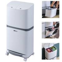 40L Double Layer Trash Bin, Multi-Layer Classification Storage Bin with Step-Pedal, Rolling Wheels for Home, Kitchen, Recycling - YM-608