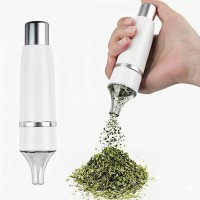 Manual Push-Button Herb Grinder with Cone Loader  Portable Hand-Press Spice Crusher  Durable Stainless Steel Blades  Compact 14 cm Design for Home, Kitchen & Travel – Black/White