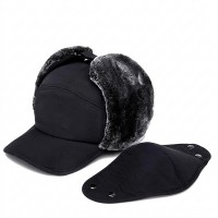 Winter Trapper Hat, Faux Fur Face Cover, Black, One Size
