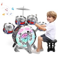 Kids Drum Set Toddler Musical Instrument Toy with Light-Up Bass Drum, Cymbal, Stool & Drumsticks 5-Piece Jazz Drum Kit for Boys Girls, Beginner Pretend Play Birthday Gift