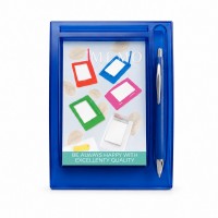 Memo Stand with Pen, Blue Desk Note Holder, 12.5 x 18.5 cm