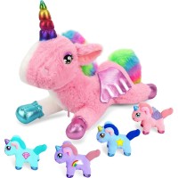Plush Animal Toys, Mommy Unicorn Stuffed Toy with 4 Babies Plush Doll Set for Kids, Girls, 3+ Years Old - MS-M-Plush
