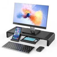 Foldable Monitor Stand with Storage Drawers & Phone Holder, Adjustable Length Computer Riser for Laptop, PC, iMac, Desk Organizer, Space-Saving Desktop Shelf 