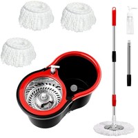 Spin Mop and Bucket with Wringer Set 360° Microfiber Mop, Self-Wringing System, Telescopic Stainless Steel Handle, 3 Mop Heads, Soap Dispenser Floor Cleaning for Home