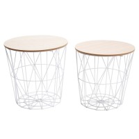 Set of 2 Nesting End Tables with Metal Storage Basket, Round Side Coffee Tables for Home, Living Room, Bedroom - YM-ST001