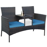 Patio Loveseat Set, Outdoor 2-Seat Rattan Leisure Furniture with Storage Compartment, Soft Cushion for Home, Patio, Garden, Courtyard (Light Blue) - CY-OUT025