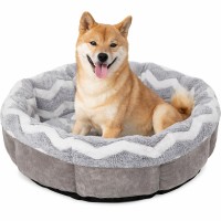 Round Shearling Pet Bed for Small Dogs & Cats  Plush Zigzag Bolster Bed with Non-Skid Bottom, Machine Washable 21 x 21 x 6 in Gray/White for Cozy Indoor Rest