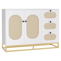 Modern Rattan Storage Cabinet with 3 Drawers & 2 Doors, White Sideboard with Gold Metal Base, 47" Buffet Console for Entryway, Living Room, Bedroom Storage & Home Organization