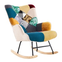 Boho Patchwork Rocking Chair Upholstered Nursery Glider with High-Density Foam, Solid Wood Rockers, 330 lb Capacity  Accent Lounge Chair for Living Room & Bedroom