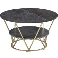 Round Coffee Table, 80cm Grey Gold Faux Marble Table with 2 Tier Storage for Home, Living Room (Grey-Gold) - COCO-Gray-CoffeeTableGG&G-FWS