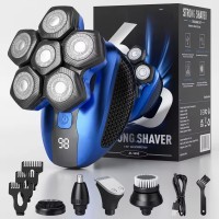 5-in-1 Electric Head Shaver for Men, 6D Floating Rotary Razor with LED Display, USB Rechargeable Bald Head Shaver Kit with Nose Trimmer, Beard Trimmer, Facial Brush – Wet & Dry Use 